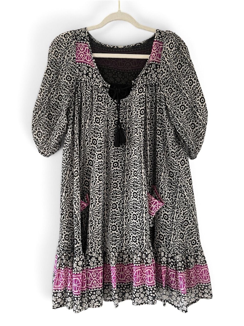 Free People Boho Black & Pink Printed Peasant Tunic